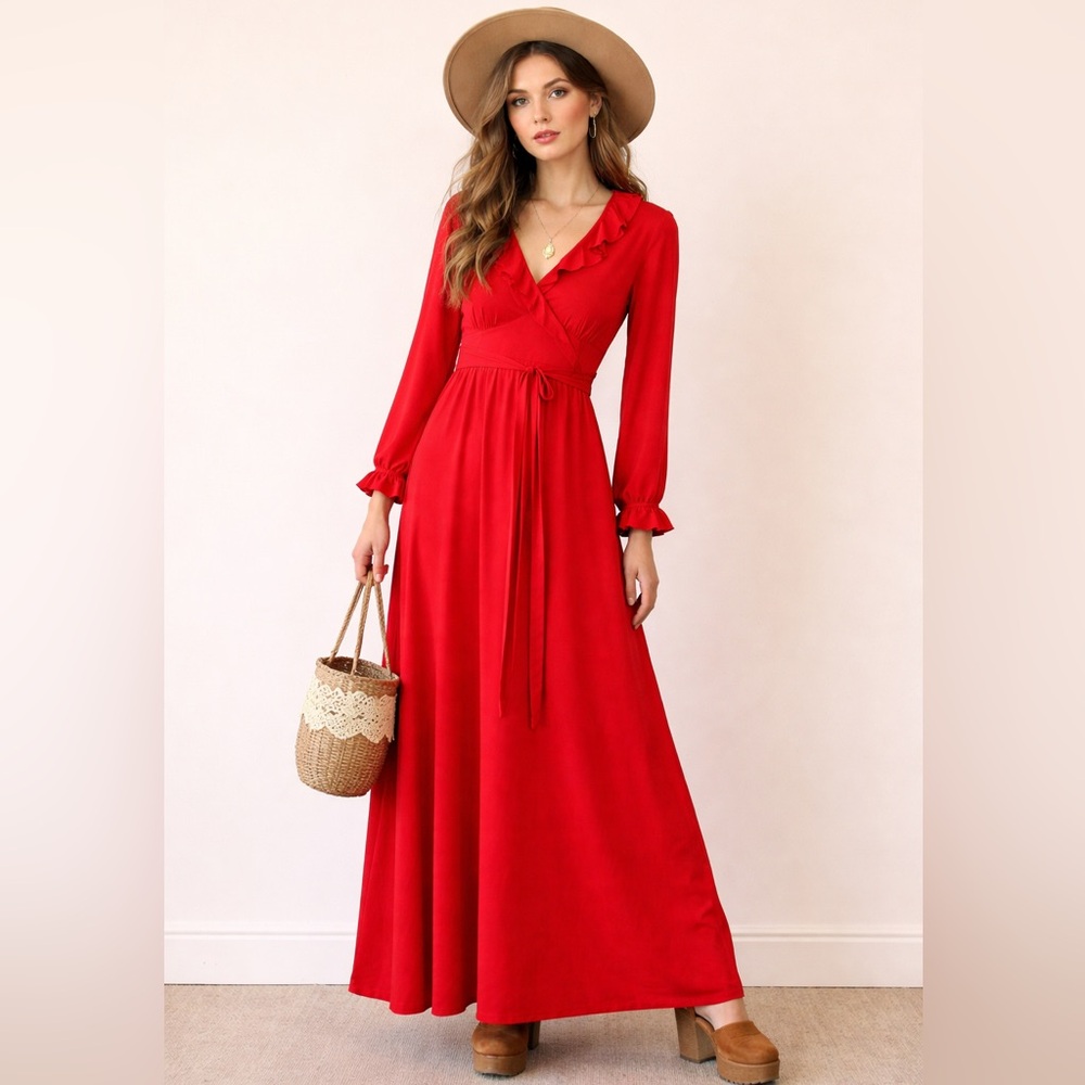 Vintage 70s Red Maxi Dress Empire Waist Ruffle Neckline Boho Prairie Folk Hippie